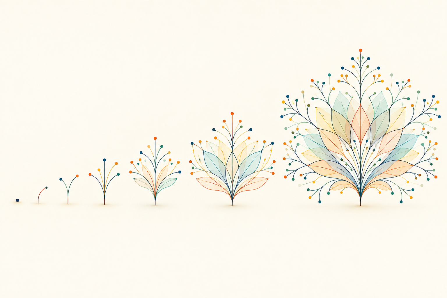 A single dot on the left grows, step by step, into a sprout, then a small branching plant, and finally a large, intricate bloom of colorful branches, dots and translucent leaves.